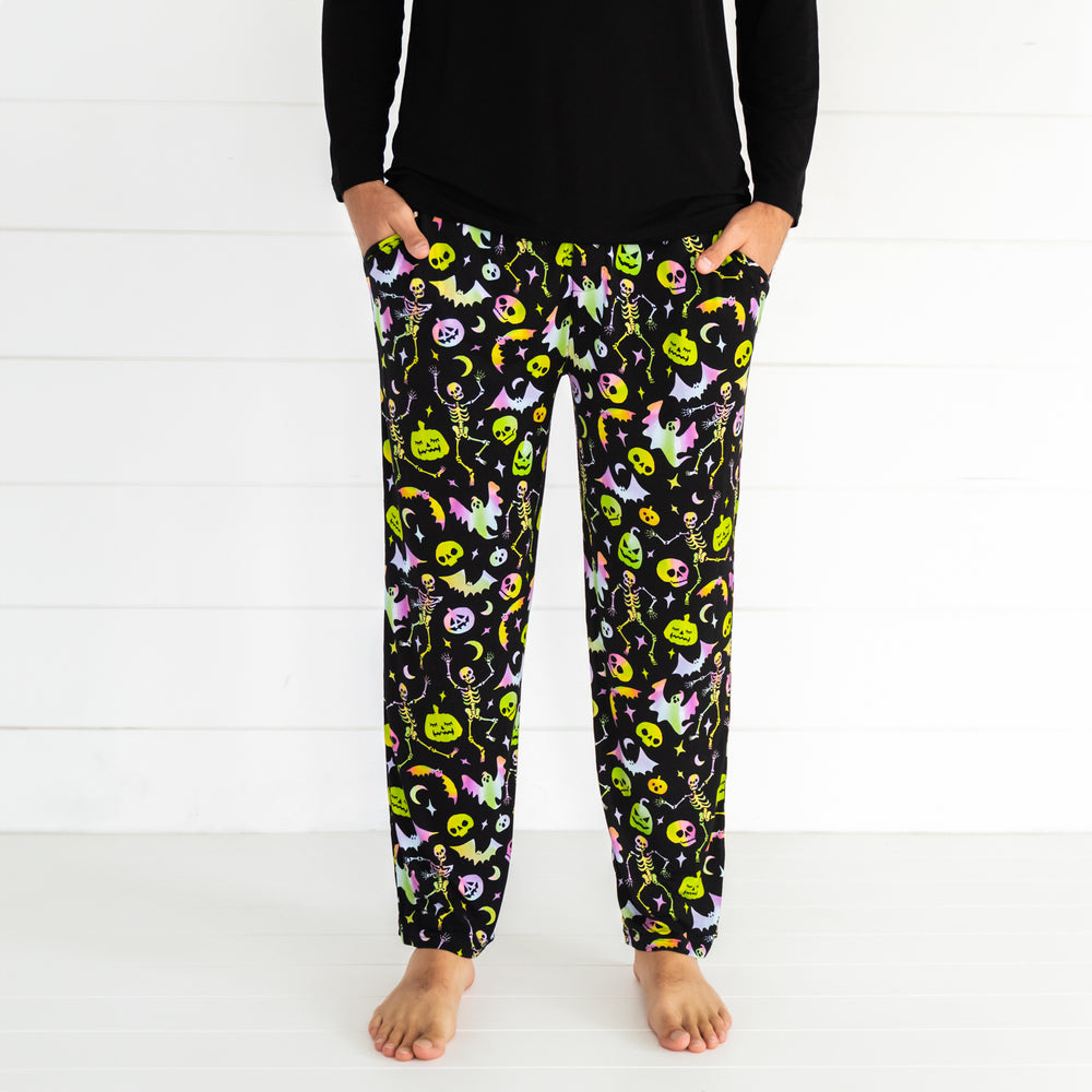 Close up image of a man wearing a Cool Ghouls men's pj pant