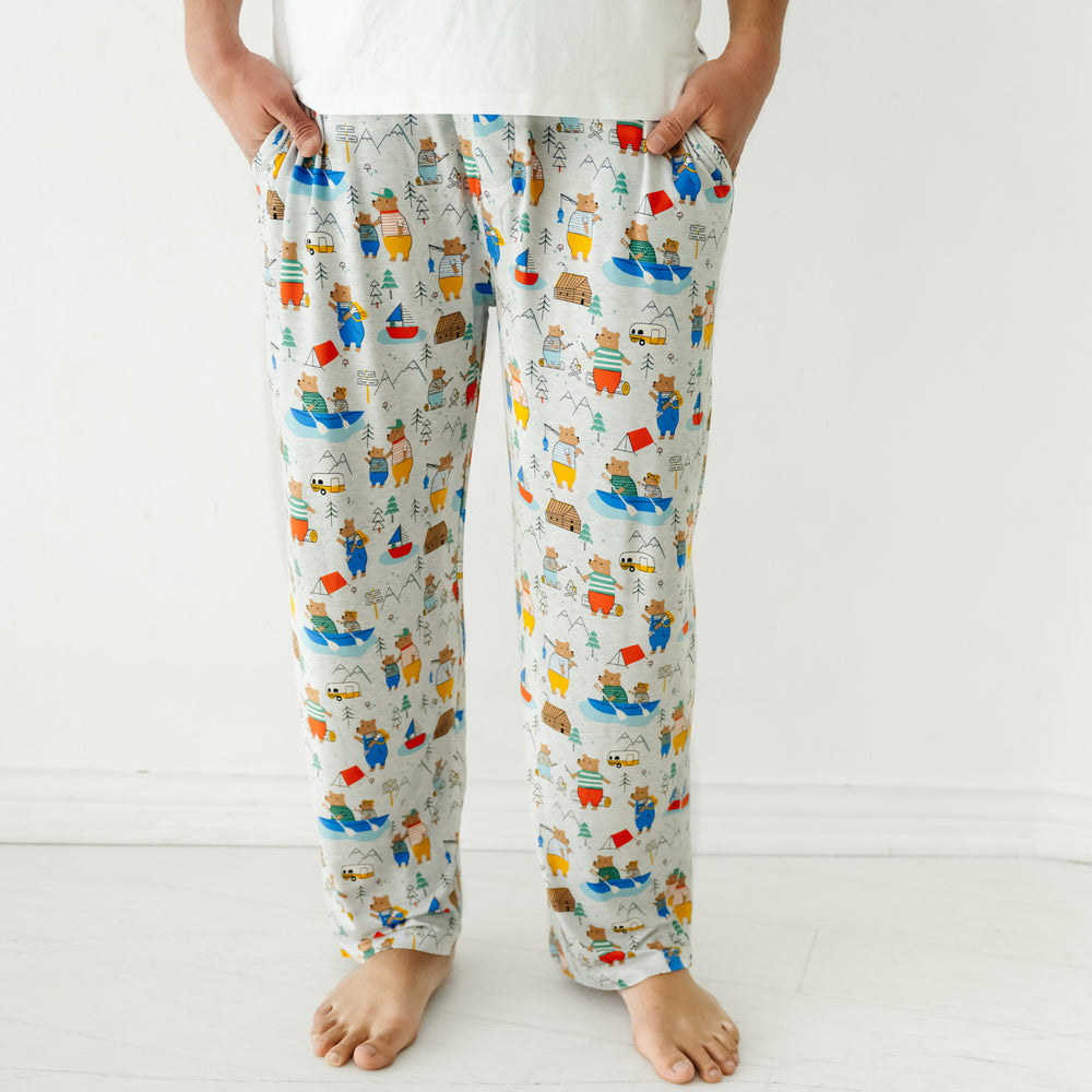 Close up image of a man wearing Papa Bear men's pajama pants