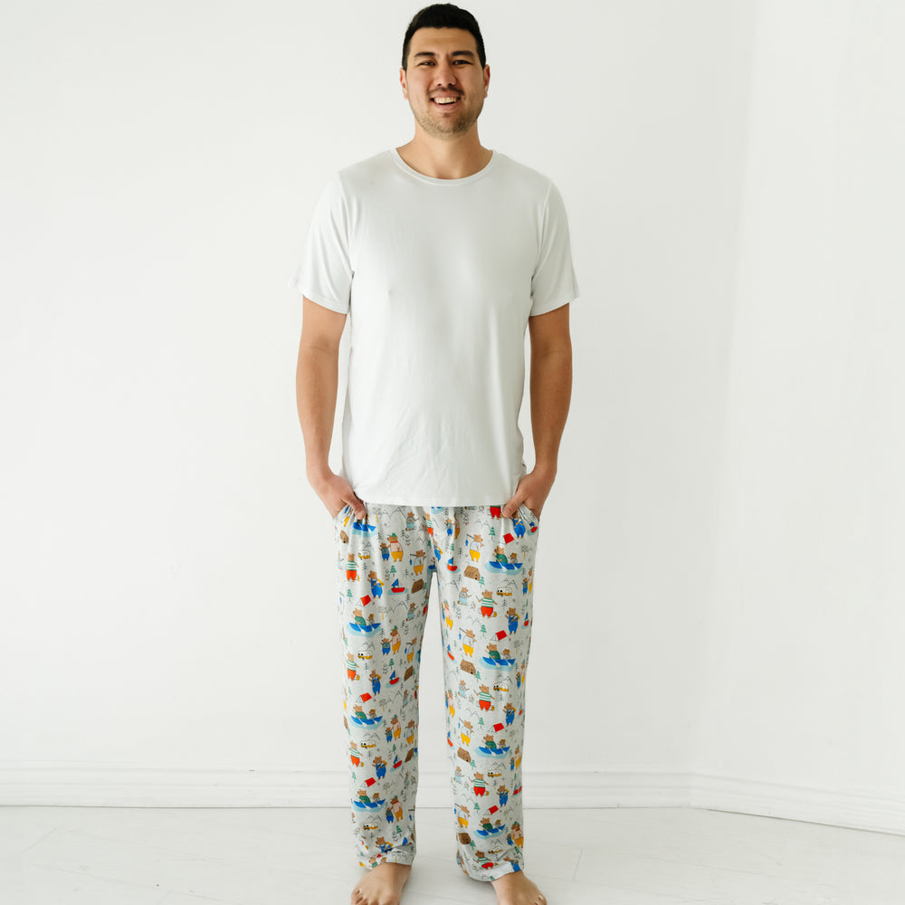 Image of a man wearing Papa Bear men's pajama pants and coordinating men's Bright White pj top