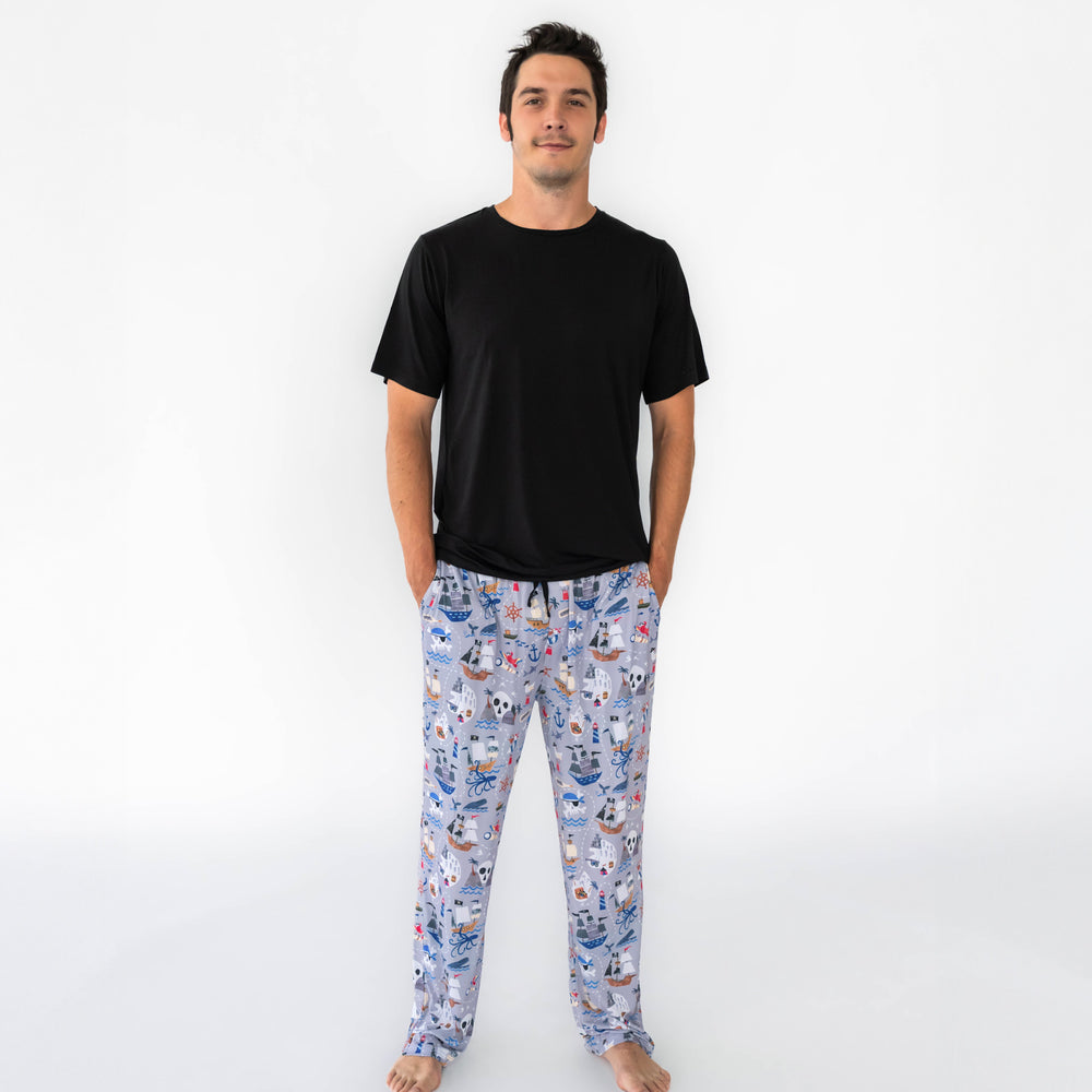 Full body image of the Pirate's Map Men's Pajama Pants and the Black Short-sleeve Men's Top