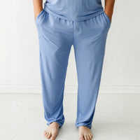 Close up image of a man wearing Slate Blue men's pajama pants