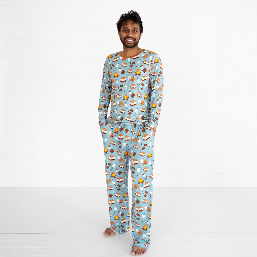 man wearing S'mores Galore men's pj top and mens pj pants