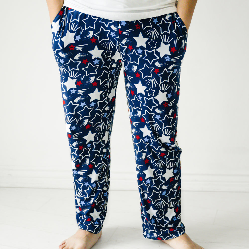 Close up image of a man wearing Star Spangled men's pajama pants