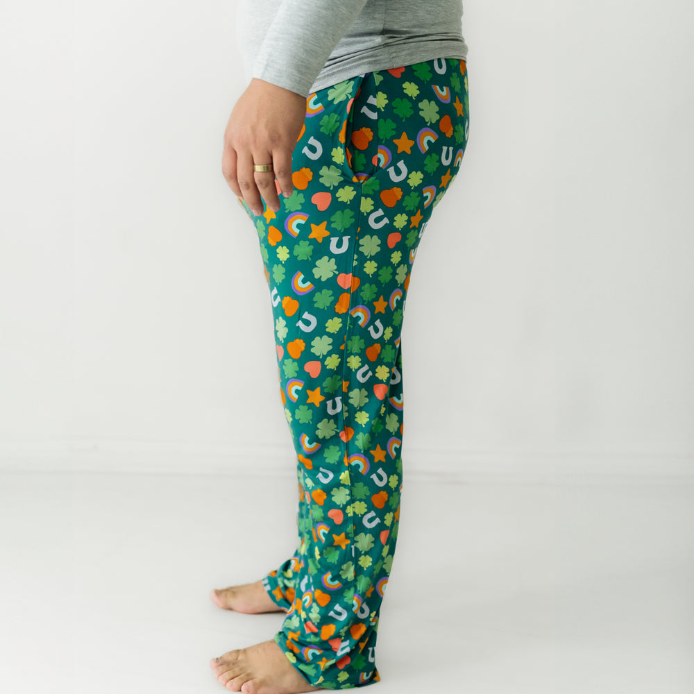 Click to see full screen - Alternate view of a close up image of a man wearing Lucky printed men's pajama pants
