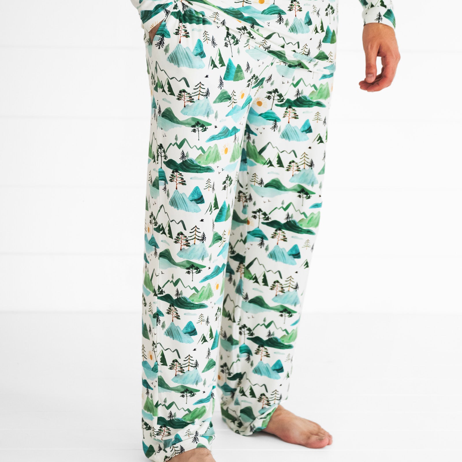 close up image of a man wearing a Mountain Mist men's pj pants