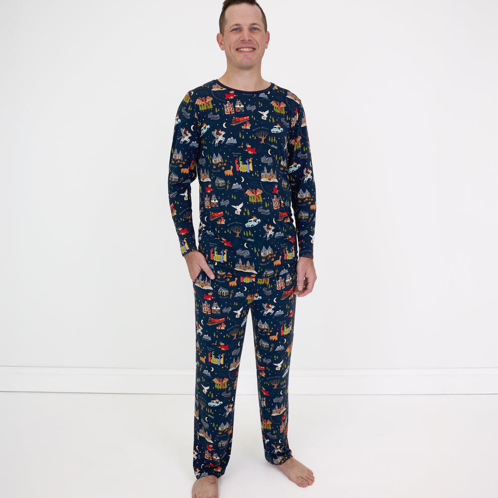 image of a man wearing an Evening at Hogwarts men's pj top and matching men's pj pants