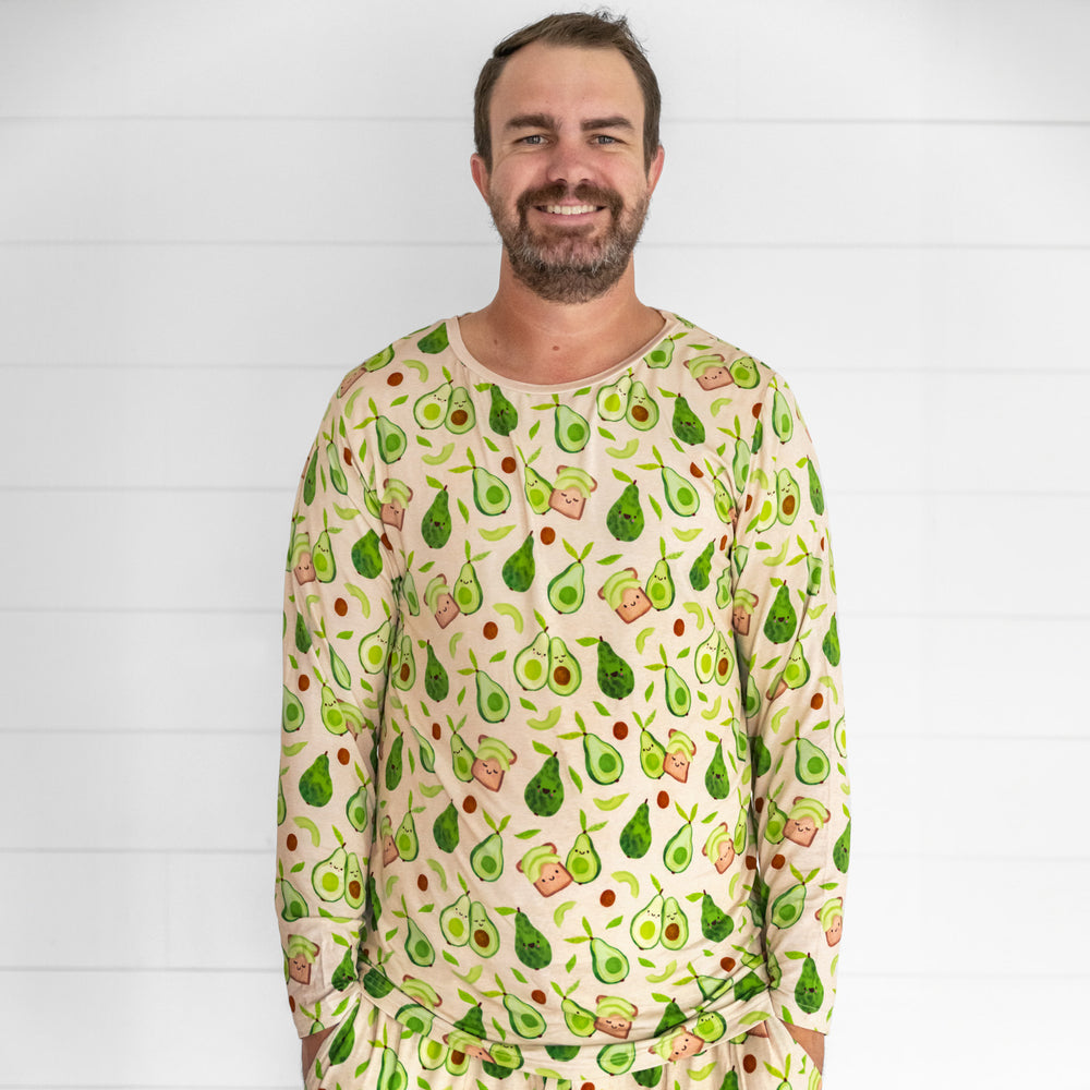 Close up image of a man wearing Avocado Toast men's pj top