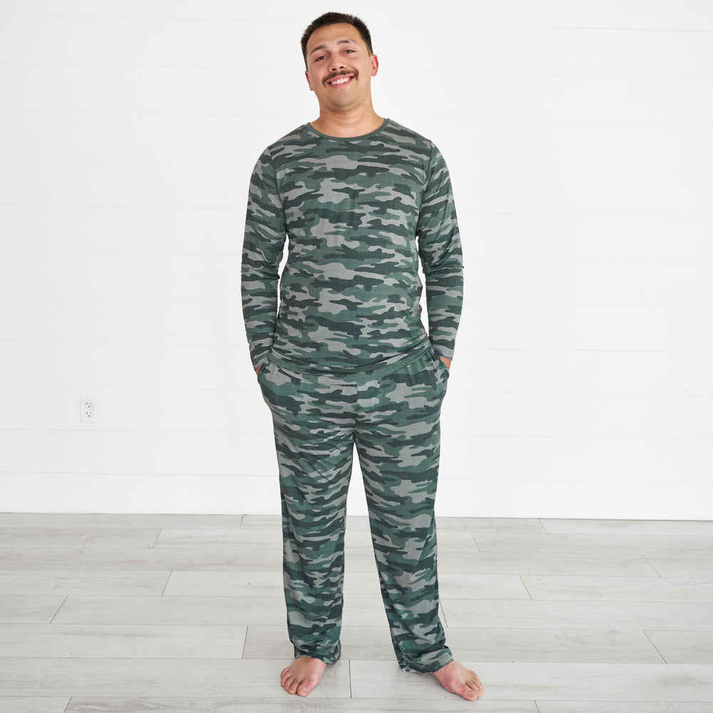 Male model wearing the Vintage Camo Men's Pajama Top & Pants