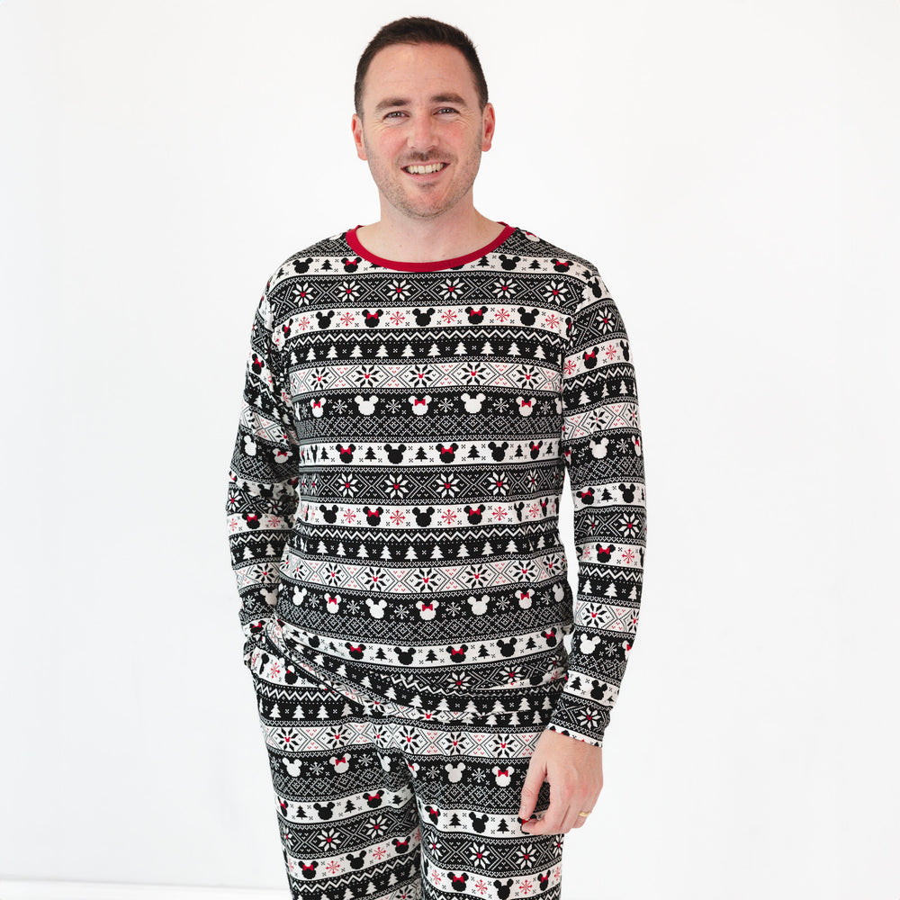 Man wearing a men's Mickey Fair Isle pj top and matching men's Mickey Fair Isle pants