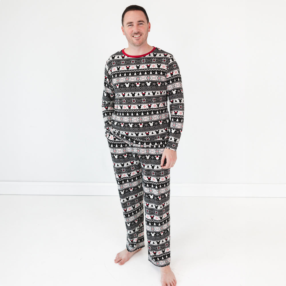 Image of a man wearing a Mickey Fair Isle men's pj top and matching men's pj pants