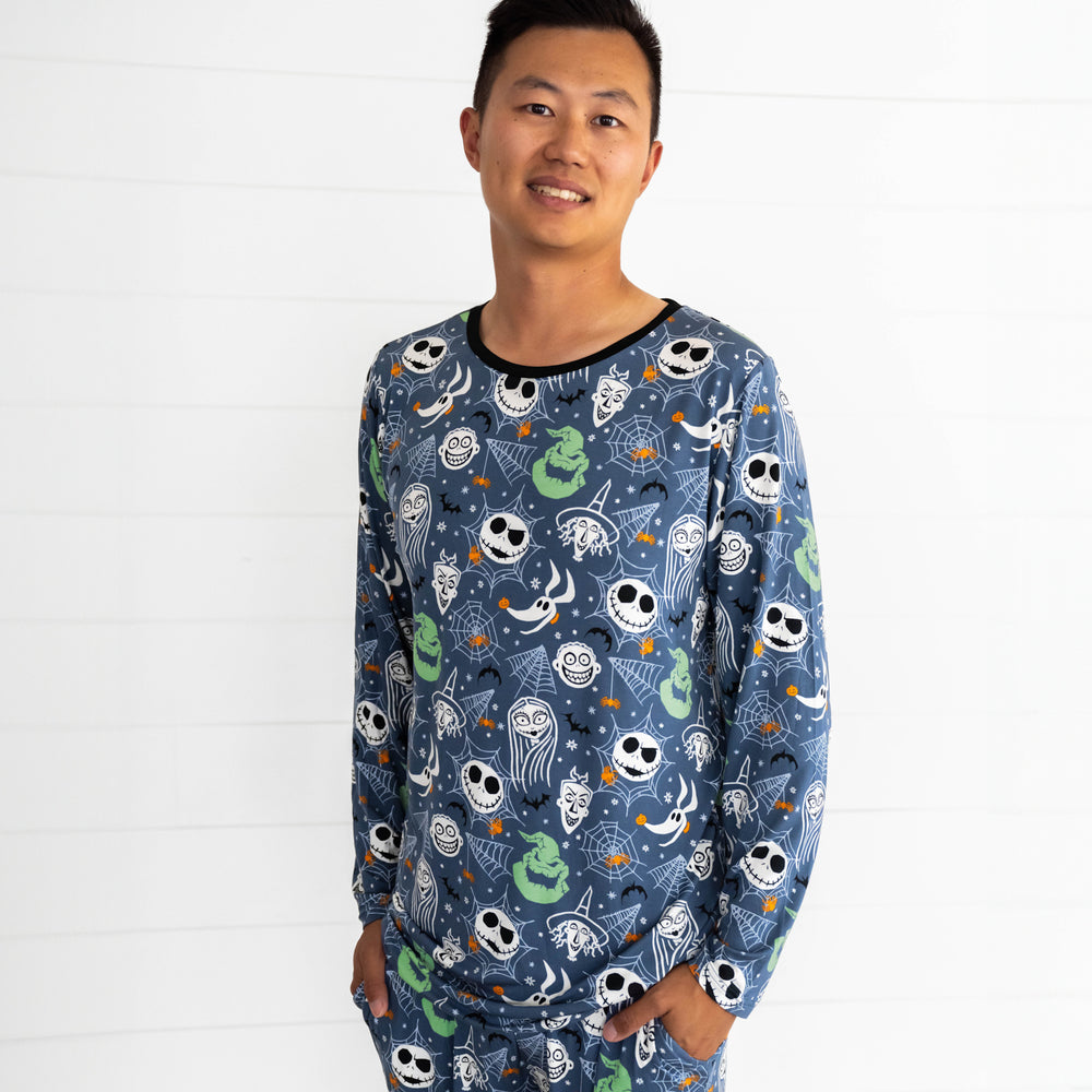 Close up image of man wearing the Disney Jack & Crew Men's Pajama Top