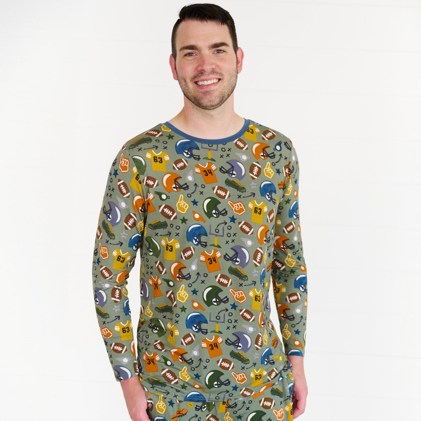 Man wearing the touchdown-time-mens-pajama-top