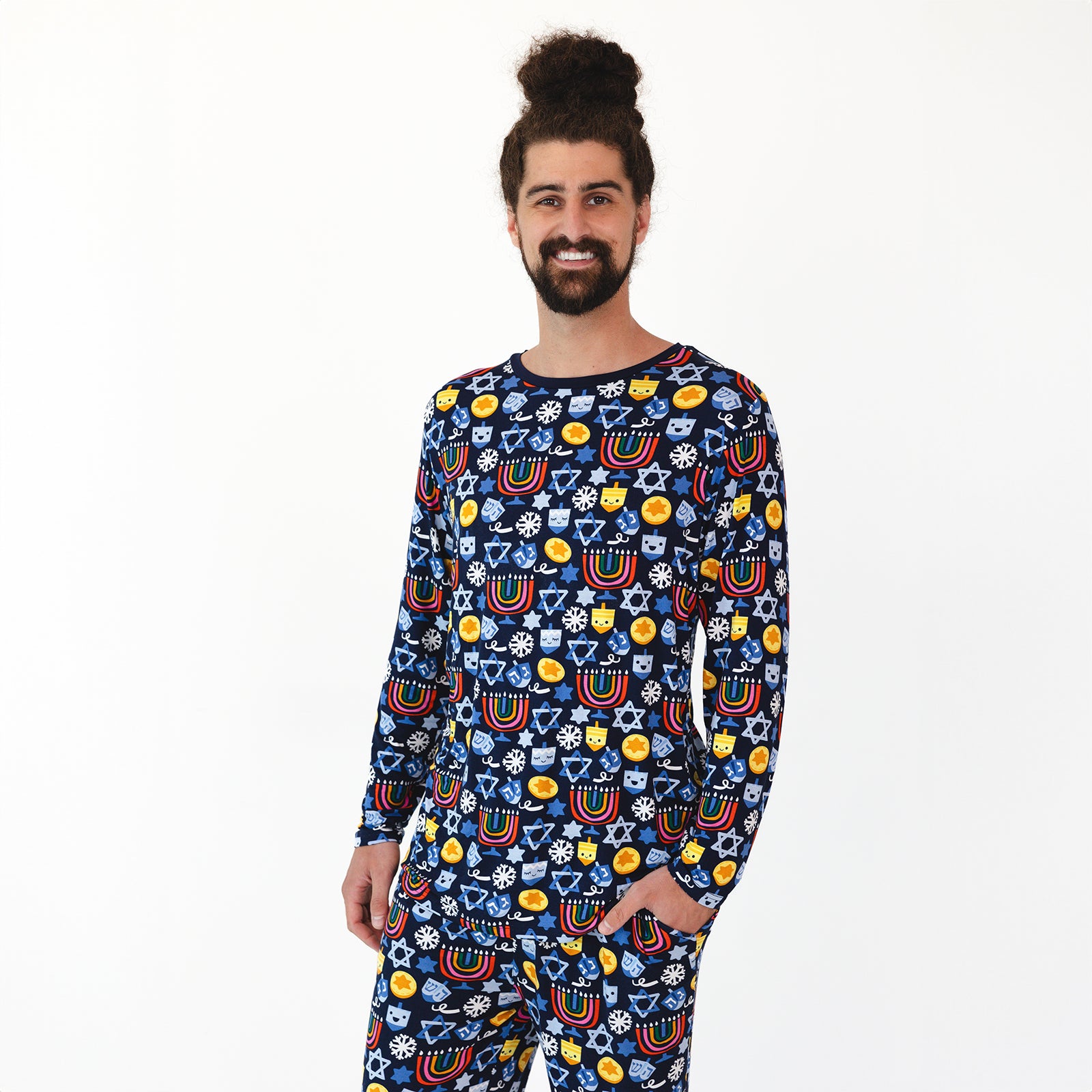 Close up image of a man wearing a Playful Dreidels Men's Pajama Top and Pants