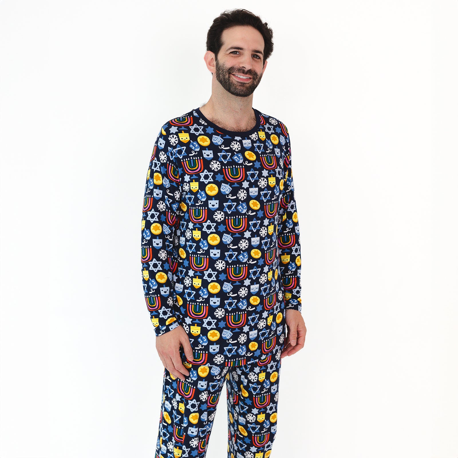 Image of a man wearing a Playful Dreidels Men's Pajama Top and Pants