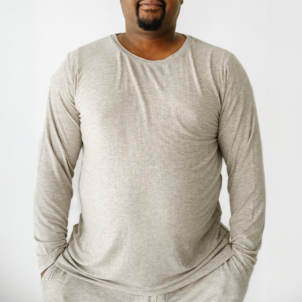 Click to see full screen - Close up image of a man wearing a Heather Stone Ribbed men's pj top