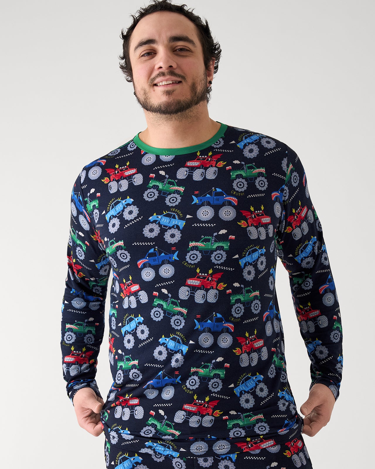 Man wearing the Monster Truck Madness Men's Long Sleeve Pajama Top