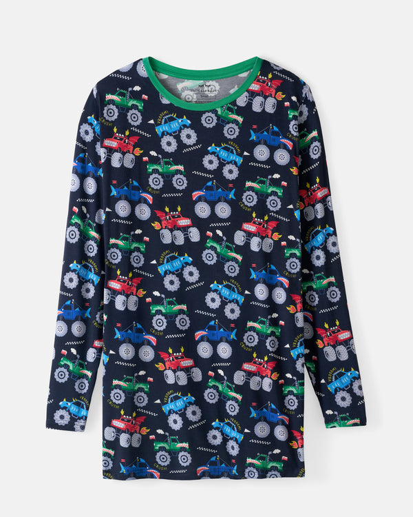 Flat lay of the Monster Truck Madness Men's Long Sleeve Pajama Top
