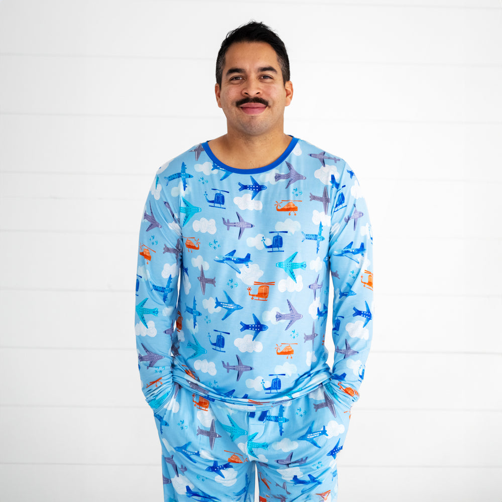 Close up image of a man wearing a Lets Fly men's pj top