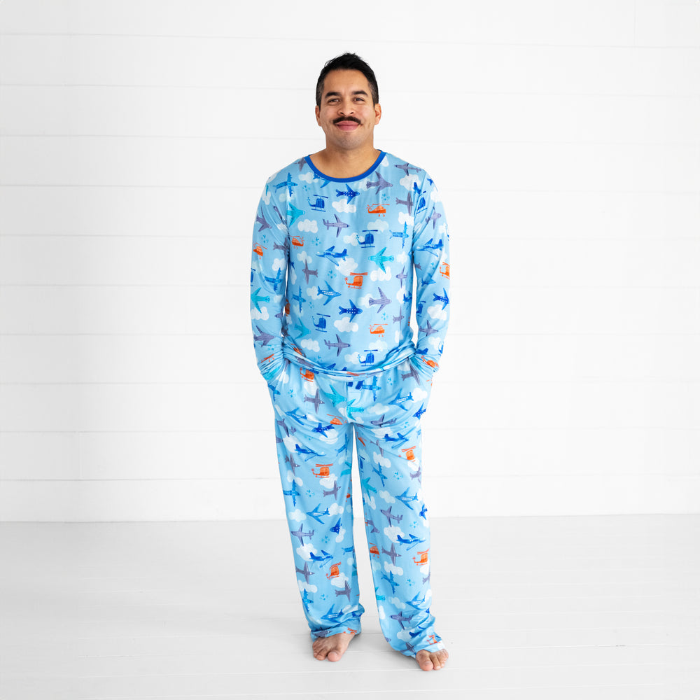 Image of a man wearing a men's Let's Fly pj top and matching men's pants