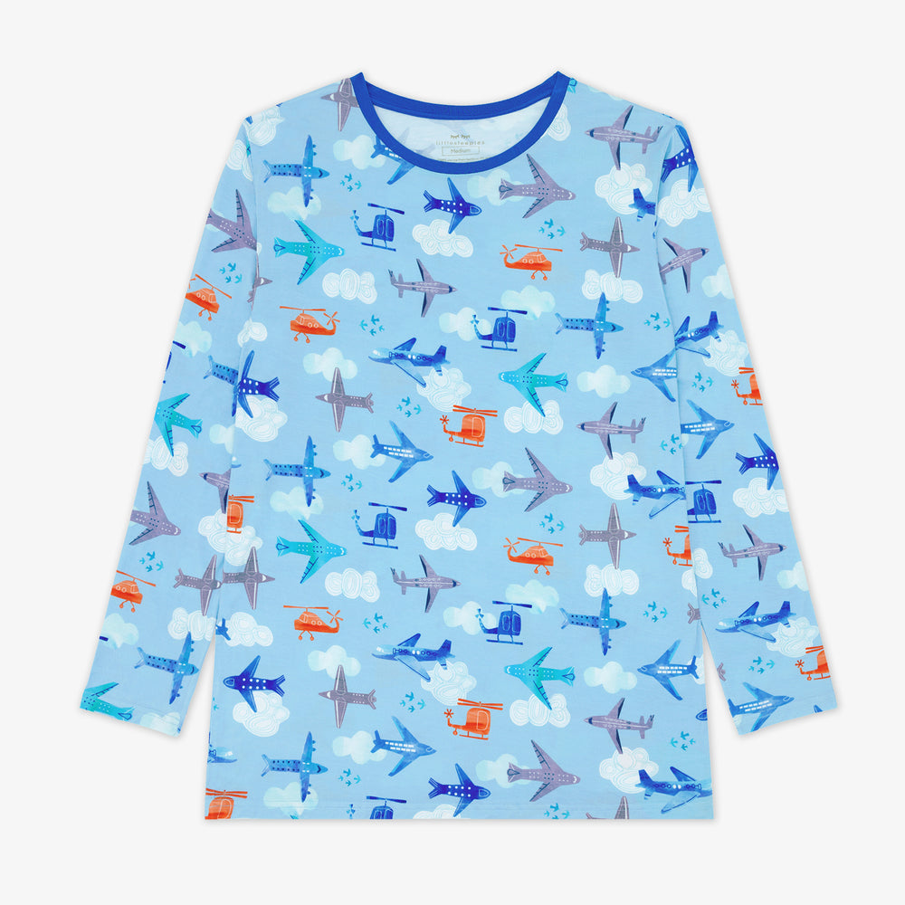 Flat lay image of a men's Let's Fly pj top