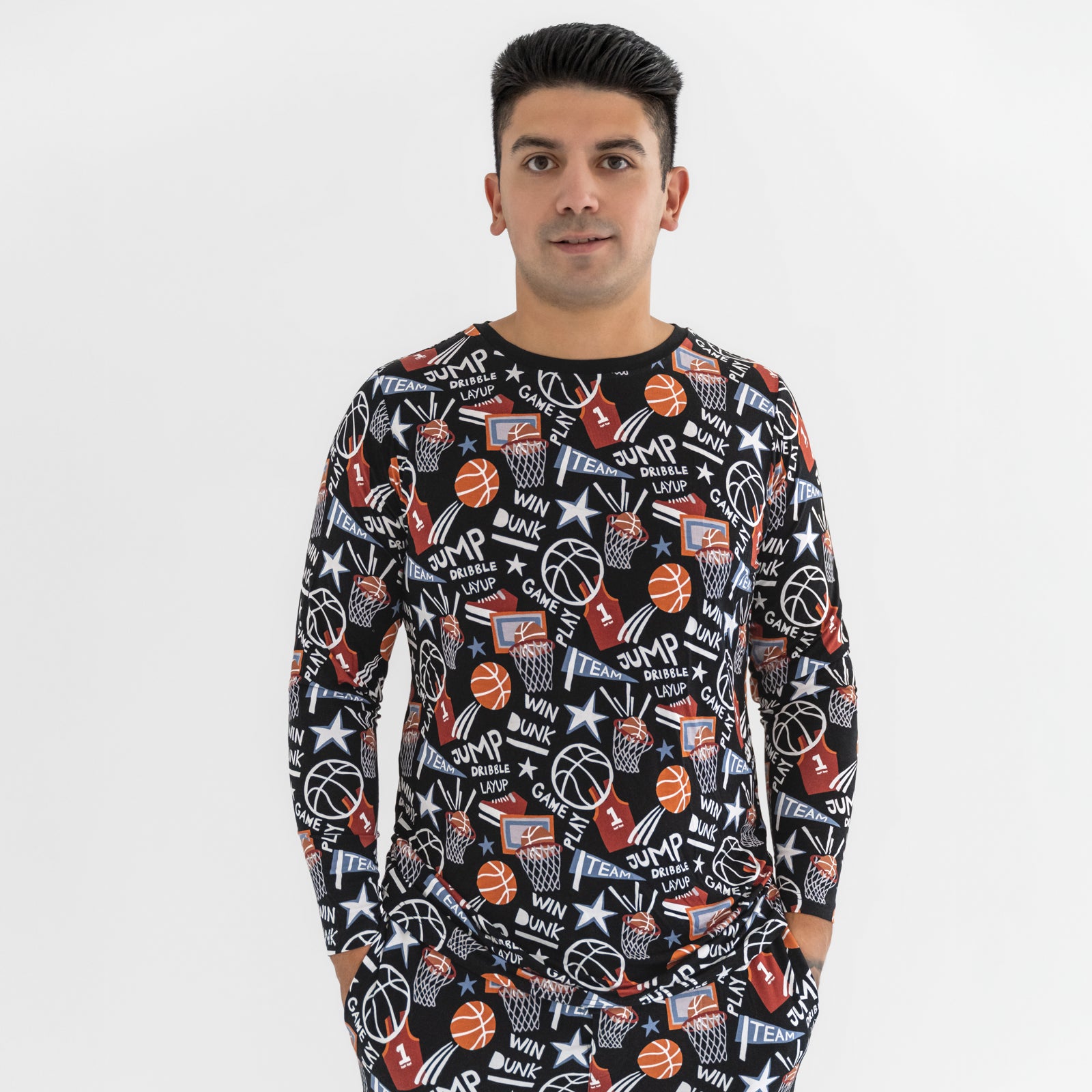 Man wearing the Black Slam Dunk bamboo mens Pajama Top