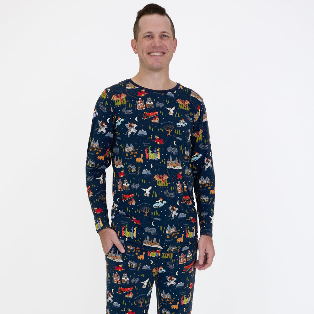 close up image of a man wearing an Evening at Hogwarts men's pj top and matching men's pj pants