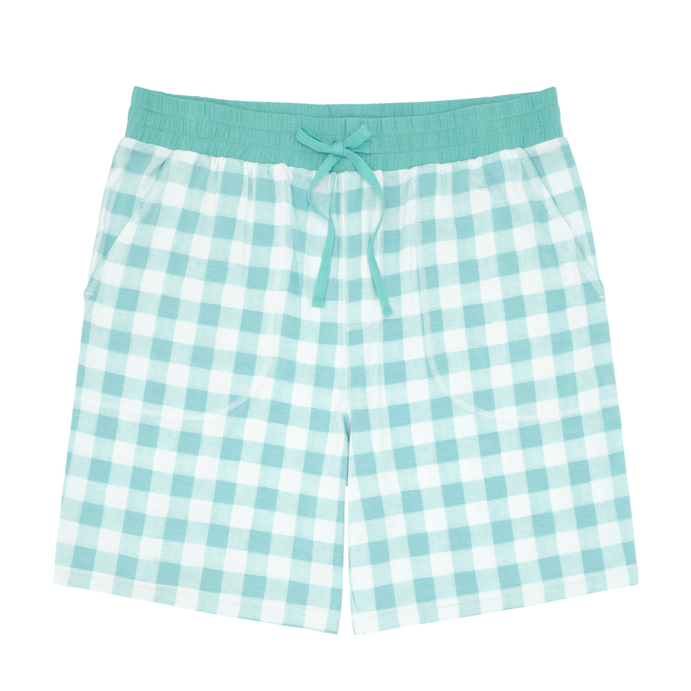 Click to see full screen - Flat lay image of men's Aqua Gingham pajama shorts