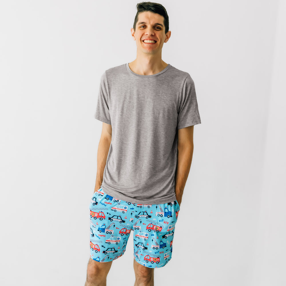 Alternate image of a man wearing a men's To the Rescue pj shorts and coordinating heather gray men's pajama top.