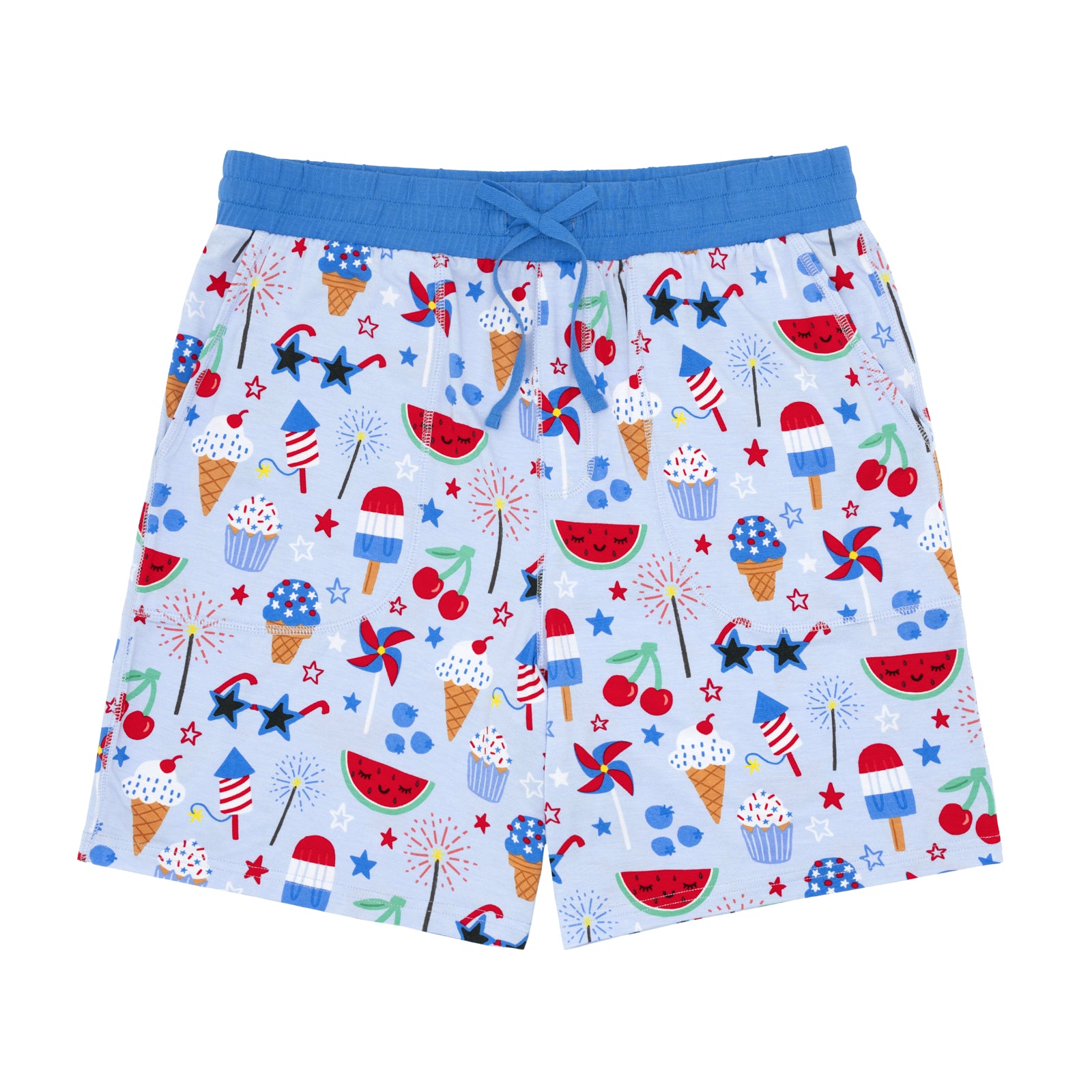 Flat lay image of Stars, Stripes, and Sweets men's pj shorts