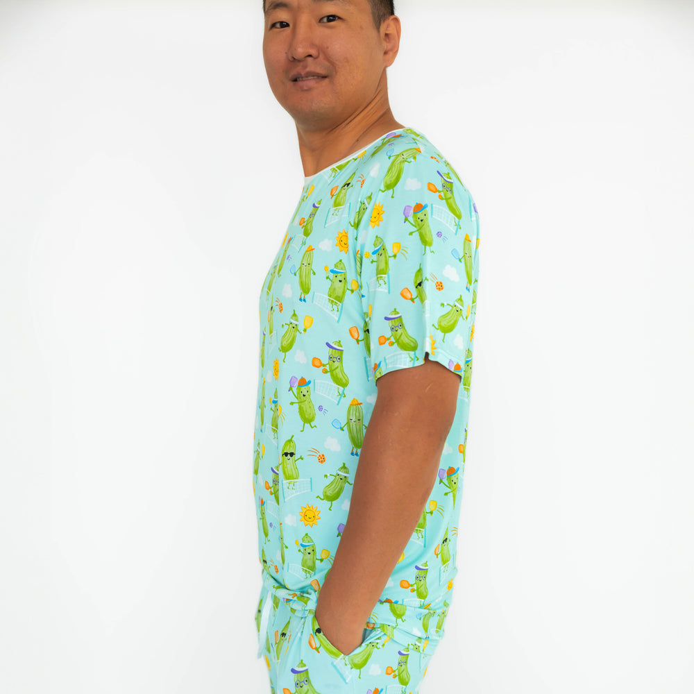 Side image of male wearing the Pickle Power Men's Short Sleeve Pajama Top