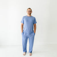 Image of a man wearing a Slate Blue men's short sleeve pajama top and matching men's pajama pants