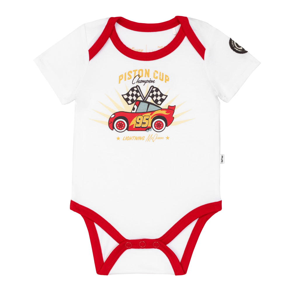 Flat lay image of a Lightning McQueen graphic bodysuit