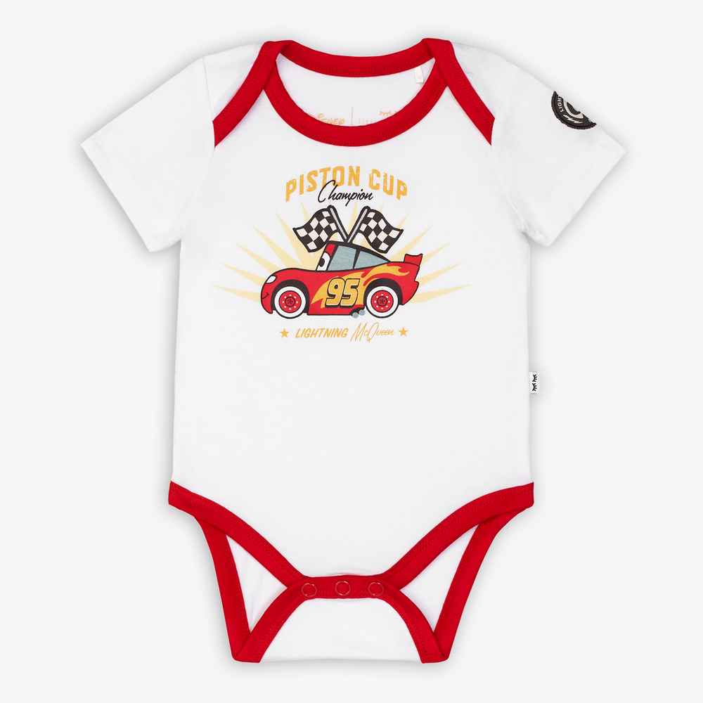 Flat lay image of the Disney Pixar Lightning McQueen Graphic Bodysuit