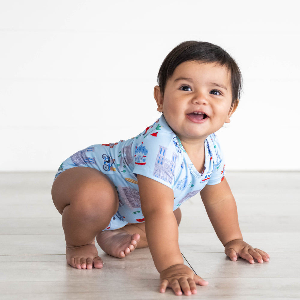 Baby crawling in the Blue Weekend in Paris Short Sleeve Bodysuit