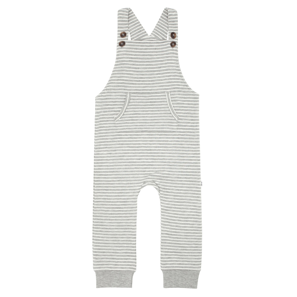 Flat lay image of Heather Gray Stripes overalls