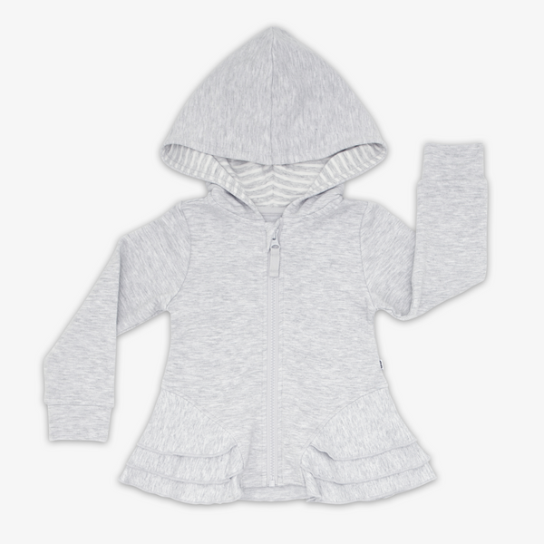 Flay lay image of the Light Heather Gray Peplum Hoodie