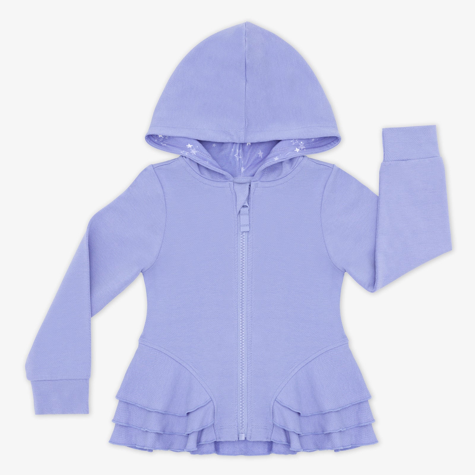 Flat lay image of the Light Iris Peplum Hoodie