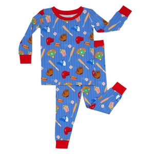 Flat lay image of a Blue All Stars printed two piece pajama set