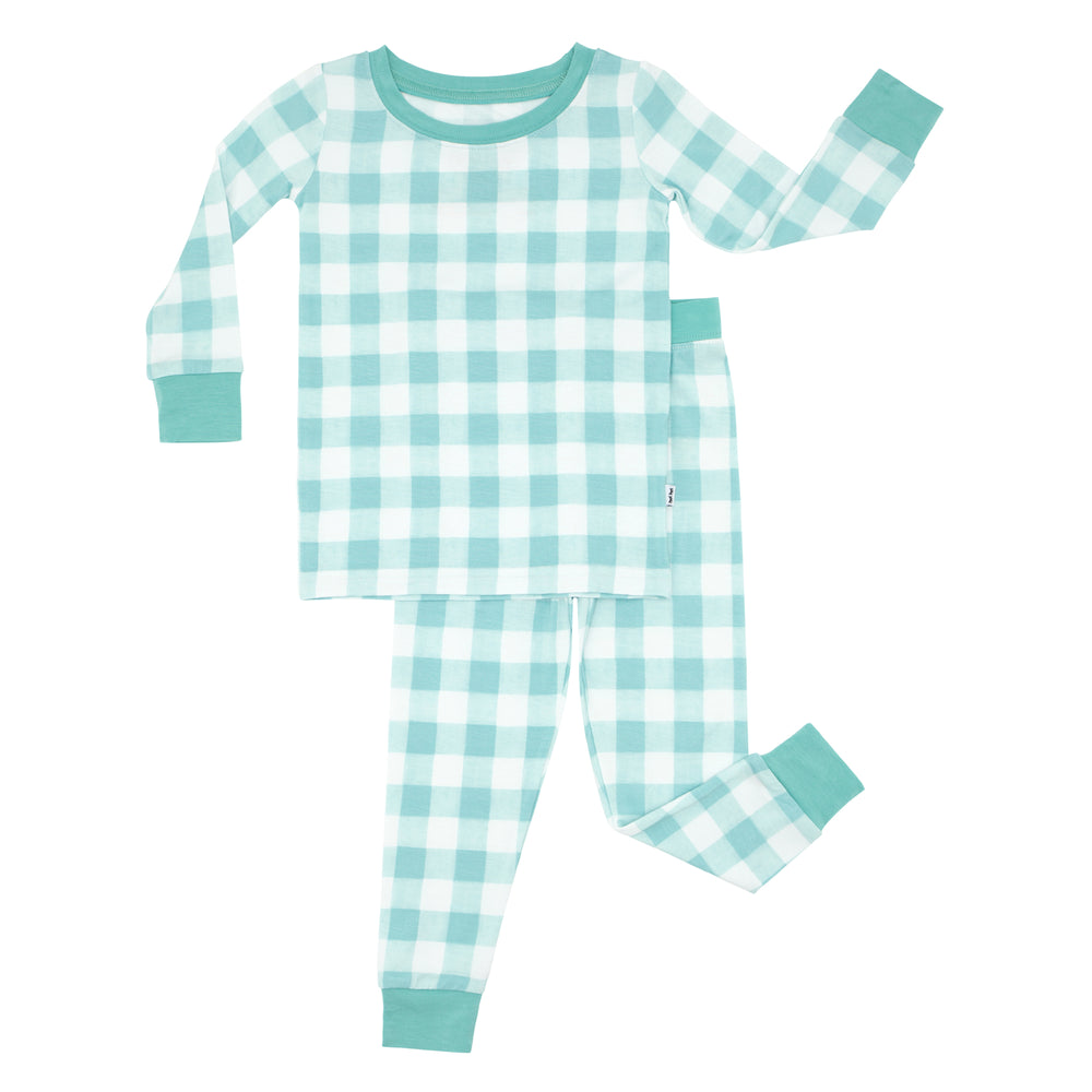 Click to see full screen - Flat lay image with a Aqua Gingham two piece pajama set