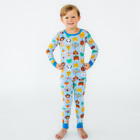 Alternate image of a child posing wearing Blue Party Pals two piece pj set