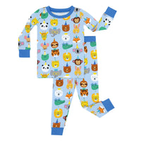 Laydown of Blue Party Pals Two-Piece Pajama Set