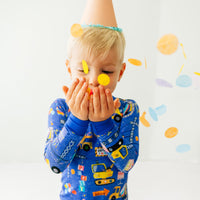 Alternate Close Up Top Image Of Kid Wearing Birthday Builder Long Sleeve PJ Set