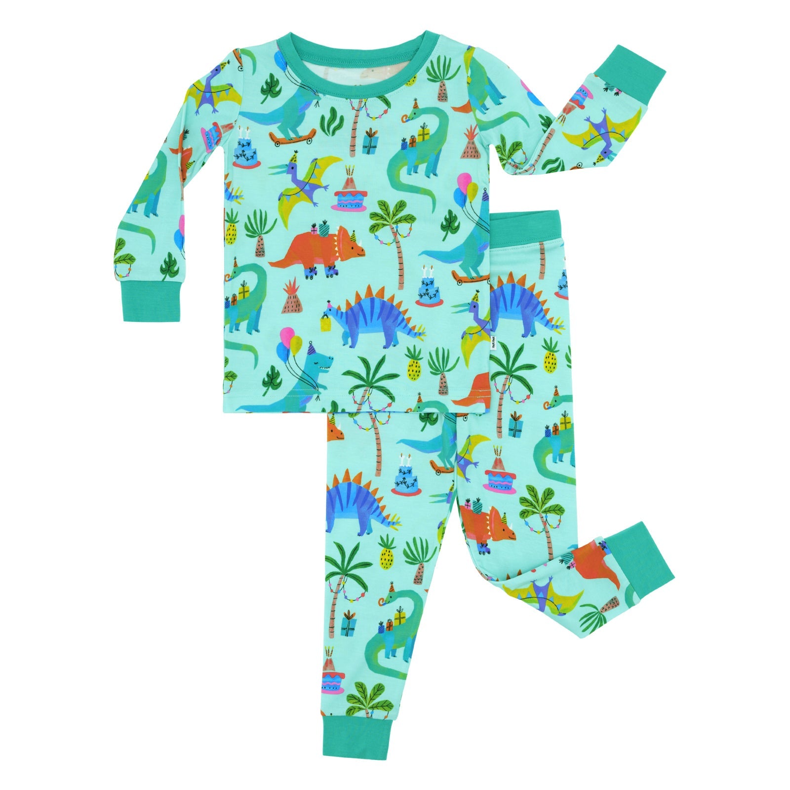 Laydown of prehistoric party two piece long sleeve pj set