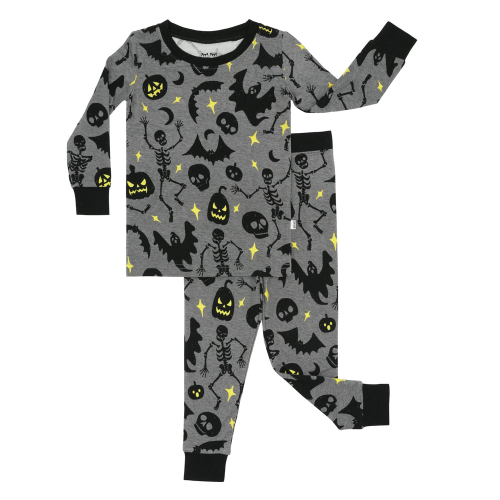 Flat lay image of the Gray Glowing Ghouls Two-Piece Pajama Set