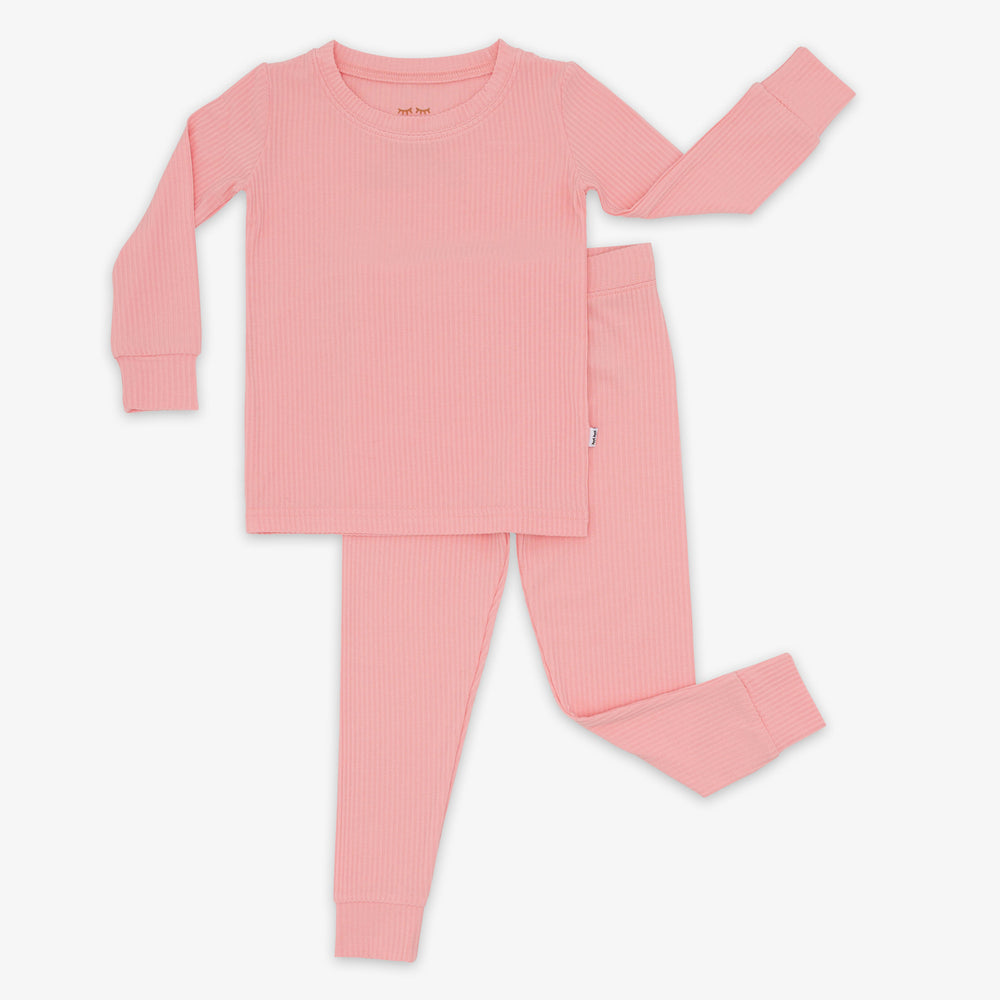 Flat lay image of the Bubblegum Ribbed Two-Piece Pajama Set