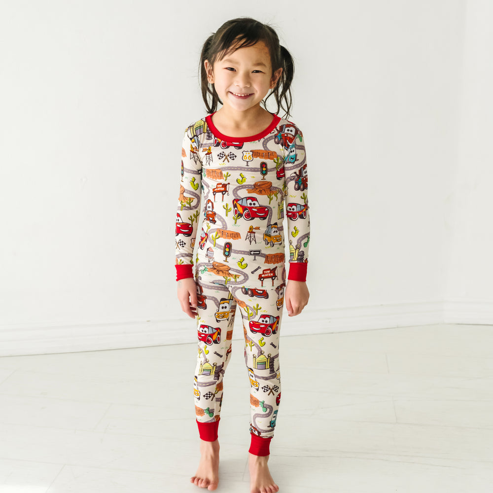 Child wearing Radiator Springs two piece pajama set