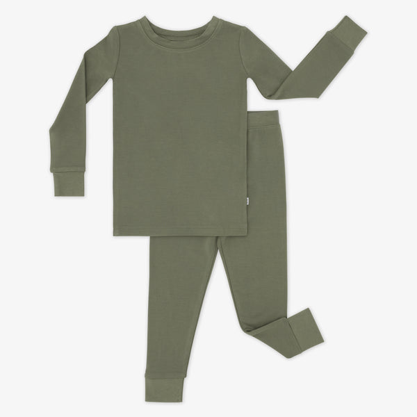 Flat lay image of a Cozy Olive two piece pajama set