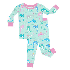 Flat lay image of a Dolphin Dance Two-Piece Pajama Set