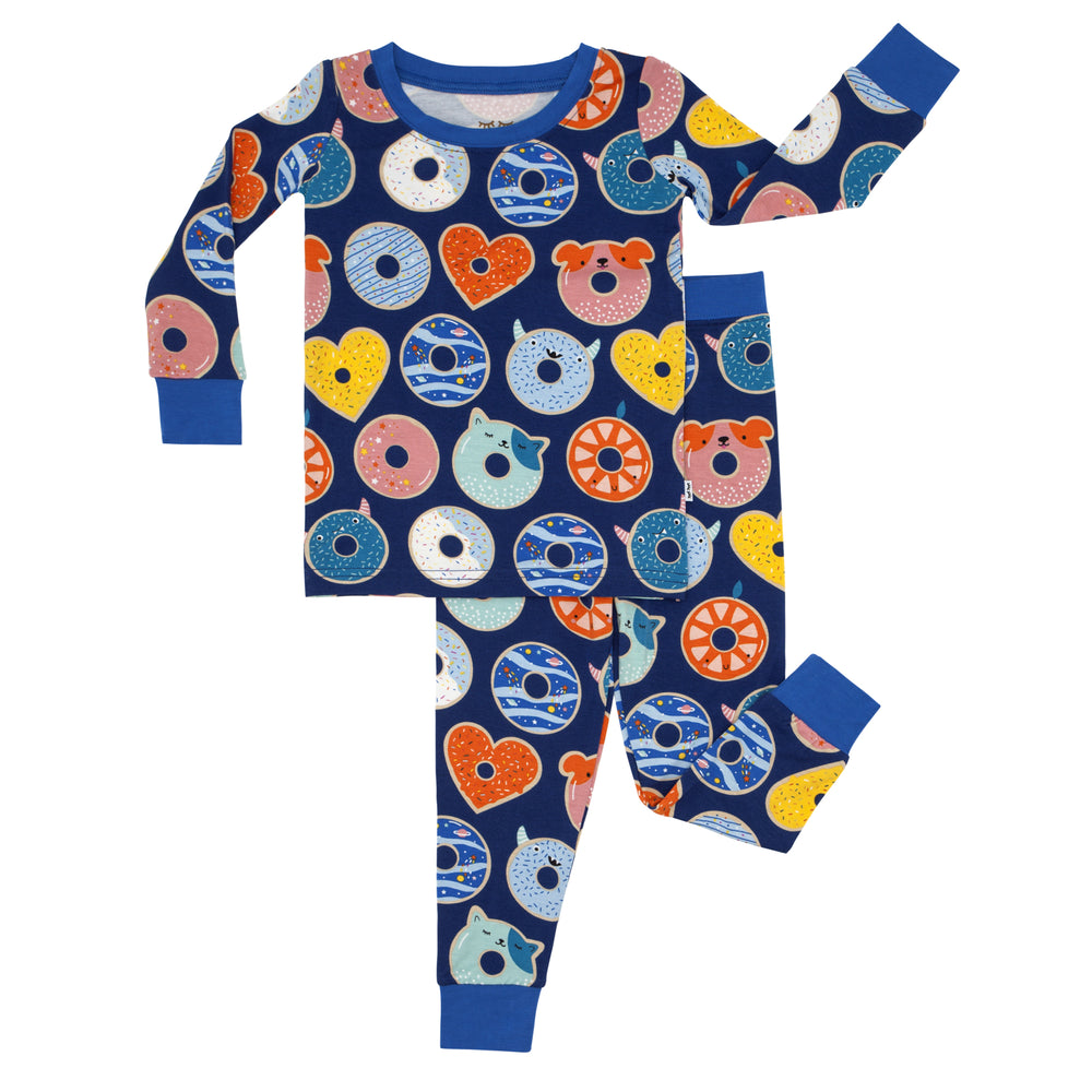 Click to see full screen - Flat lay image of Blue Donut Dreams two piece pajama set