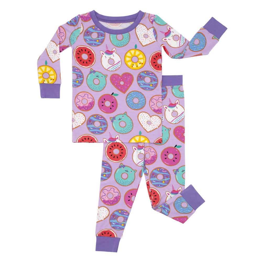 Click to see full screen - Flat lay image of a Lavender Donut Dreams two piece pajama set